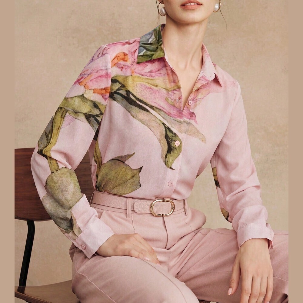 Blush Pink Watercolor Floral Print Sheer Chiffon Button Front Collared Shirt